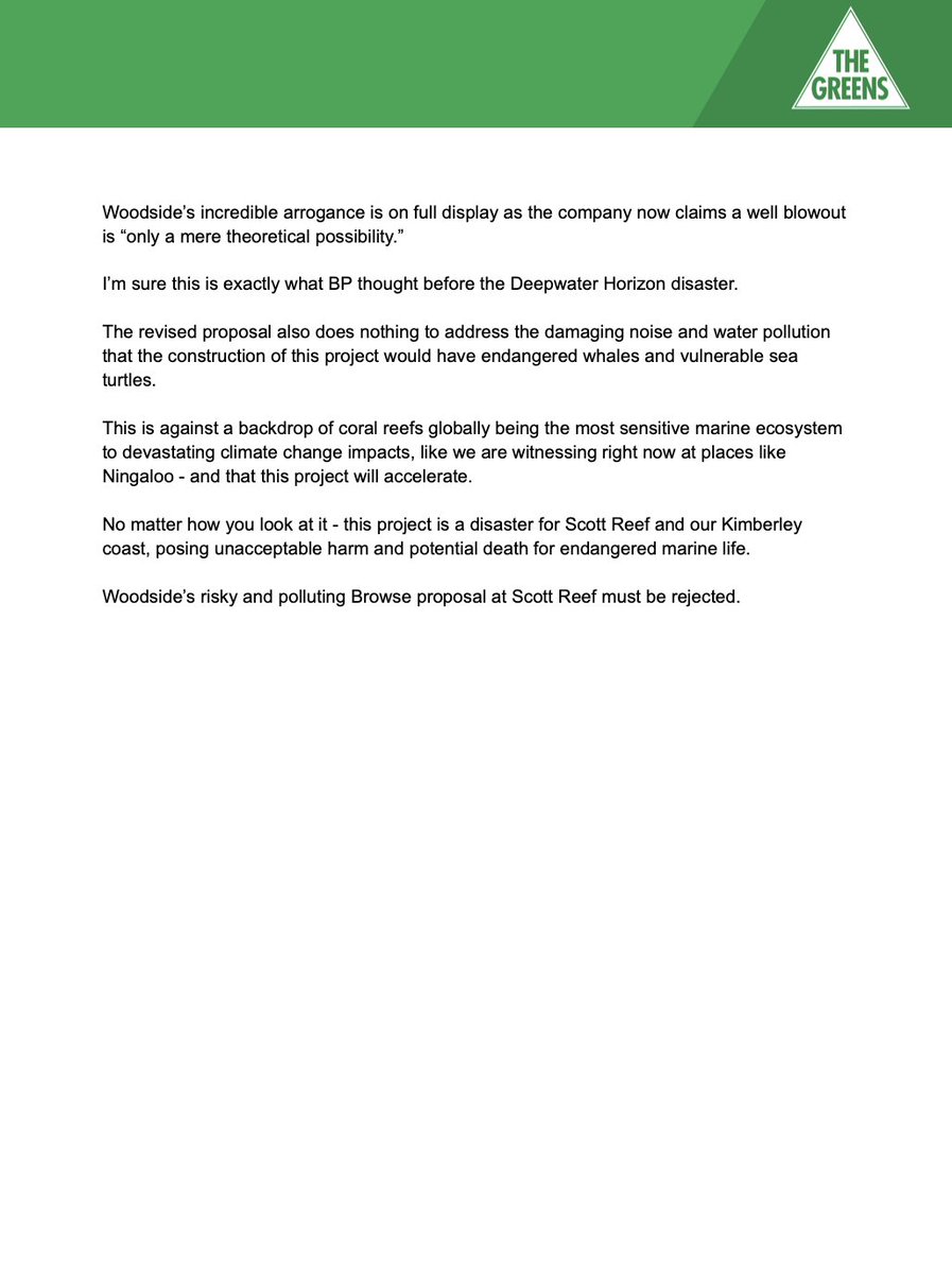 🚨🚨 <a href="/WoodsideEnergy/">Woodside Energy</a>'s revised proposal for Browse was released this afternoon and it DOES NOTHING to reduce the risks to Scott Reef &amp; the endangered marine life that live there.

There is absolutely no way to make this project palatable.

Woodside’s risky and polluting Browse