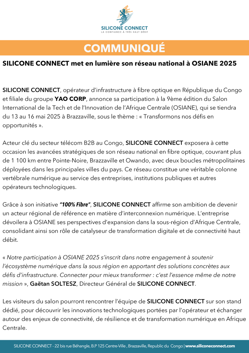« Connecter pour mieux transformer : c’est notre mission. À <a href="/OsianeCg/">Osianecg</a> , nous réaffirmons notre engagement pour un écosystème numérique fort en Afrique Centrale. » <a href="/GaetanSoltesz/">Gaëtan Soltesz</a> 

#ChezMoiAuCongo #Osiane2025 #WeAreSiliconeConnect #FibreNationale