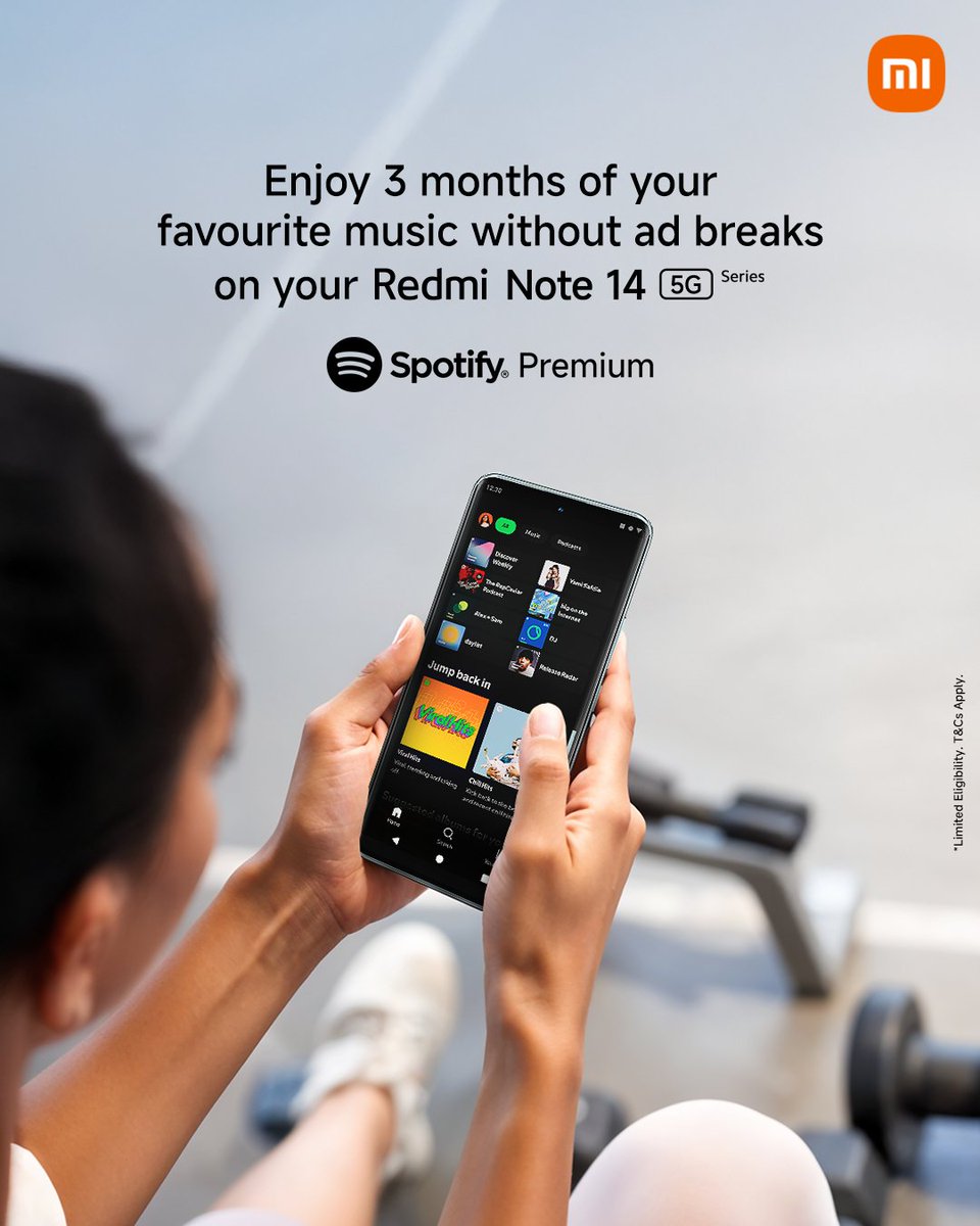 Your music. Your rules.

Get 3 months of #SpotifyPremium with #RedmiNote145G Series and enjoy music ad-free, the way it should be.

Know more: bit.ly/Xiaomi_Spotify…