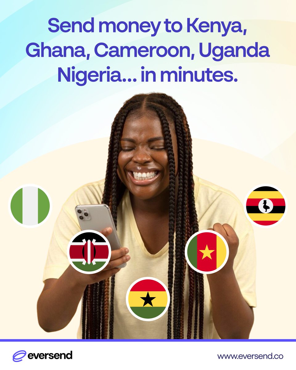 eversendapp's tweet image. Eversend lets you send money across borders—fast, reliable, and affordable 😎.
Whether it’s Kenya to Uganda or Nigeria to Ghana, we’ve got you.
Where are you sending to today 🤑?
#CrossBorderTransfers #SendWithEase #EversendAfrica