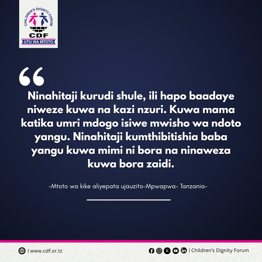 ''I need to go back to school, so in the future I can have a good career, being a young mother should not bring an end to my dream, I need to prove to my father that I am, and I can be, better'' A young mother-Mpwapwa- Tanzania
#MondayQuote #NukuuyaJumatatu #UtuWaMtoto
