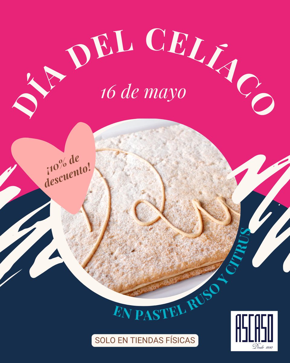 Pastelería Ascaso (@pasteleriascaso) on Twitter photo 👉 El 16 de mayo se celebra el #DíadelCelíaco.
💖 Este año unimos fuerzas con <a href="/celiacosaragon/">Celiacos Aragón</a> y ofreceremos un 10% de descuento en dos de nuestros productos #singluten más célebres: el Pastel Ruso y el Citrus. Solo en tiendas físicas.
#pasteleríaartesanal #glutenfree #promo 👉 El 16 de mayo se celebra el #DíadelCelíaco.
💖 Este año unimos fuerzas con <a href="/celiacosaragon/">Celiacos Aragón</a> y ofreceremos un 10% de descuento en dos de nuestros productos #singluten más célebres: el Pastel Ruso y el Citrus. Solo en tiendas físicas.
#pasteleríaartesanal #glutenfree #promo