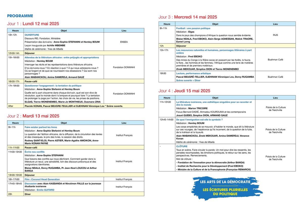 📆 Du 12 au 15 mai 2025, Abidjan accueille la Cité des Arts et des Idées sur le thème : « Les Arts de la Démocratie »

📖🎤 Plus de 20 écrivains et experts pour des rencontres littéraires et débats.

Un événement <a href="/ird_fr/">IRD.fr</a> 🇨🇮

👉 bit.ly/4jL7V0R