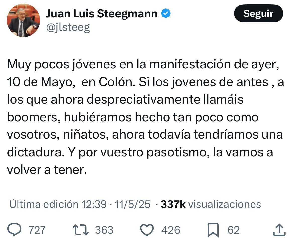 ¿Pero a quién llamas “niñatos”, carcamal?

¿Tú, que cobras de Pfizer, insultas a los que no quisimos vacunarnos y aplaudes 45 años de traición?

Si volvemos a una dictadura será por dinosaurios como tú, mero lamebotas del sistema que arruinó a España.

Esos “niñatos” están