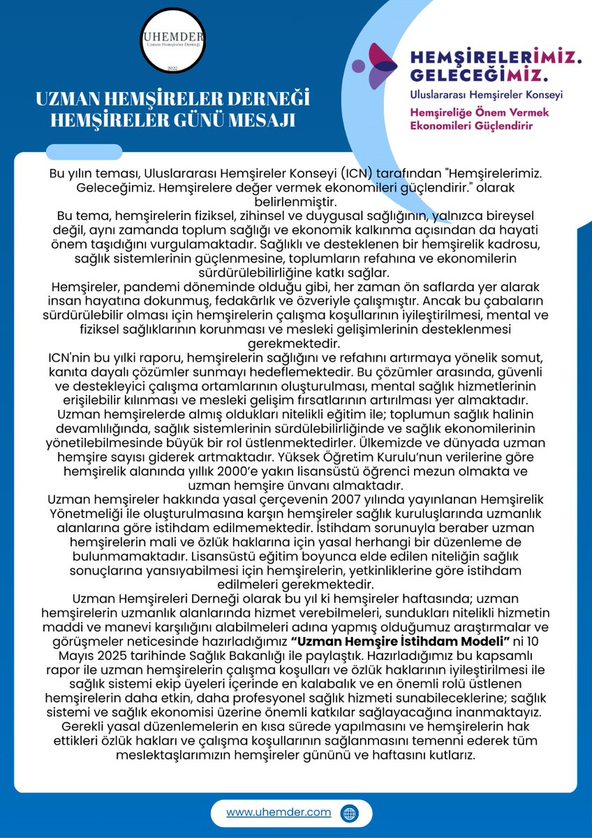 uhemder's tweet photo. Uzman hemşirelerin çalışma koşulları ve özlük haklarının iyileştirilmesi için hazırladıgımız "Uzman Hemşire İstihdam Modeli"ni 10.05.2025 tarihinde Sağlık Bakanlığı'na ilettik. 
Gerekli yasal düzenlemelerin en kısa sürede yapılması temennisiyle hemşireler günümüz kutlu olsun. https://t.co/nQHBS6COaX