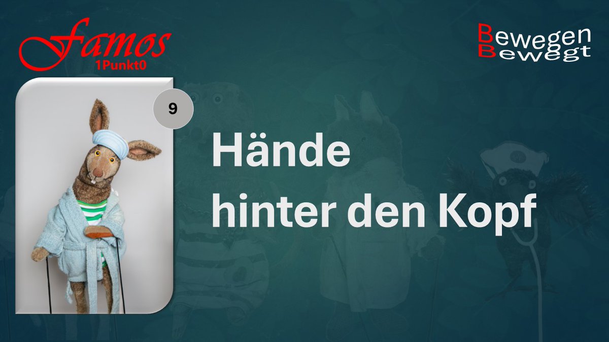 Die 9.Episode der #Turnübungen mit den Puppen hat den Titel #Hände hinter den #Kopf.
Hier geht's zur Übung: bit.ly/3Sugpxk . Viel Spass

#Famos1Punkt0 #bewegen #bewegt #Stressabbau #Entspannung #StrechAndSmile #WakeUpStretch