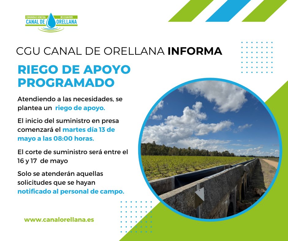 📢 NOTA INFORMATIVA

ℹ️ Atendiendo a las necesidades de los usuarios, se informa que se procederá a realizar un riego de apoyo.

#CGUCanalDeOrellana #RiegoAgrícola #CampañaDeRiego2025 #AguaParaElCampo #AvisoCGU #RiegoResponsable