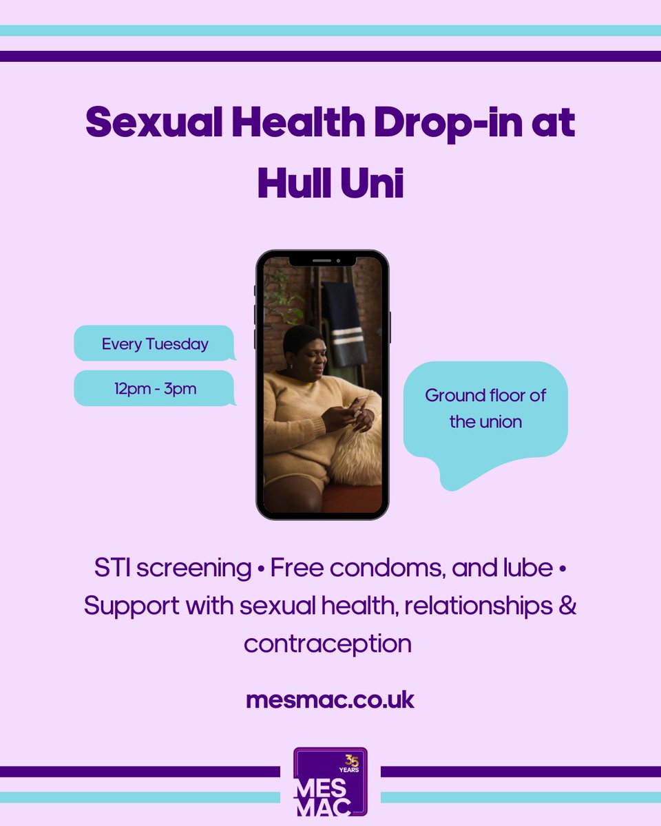 MESMAC (@mesmachealth) on Twitter photo Got a question about sexual health? Time for a test? Just want to grab some condoms?
You can find us at <a href="/HullUniUnion/">Hull Uni Students' Union</a> every Tuesday afternoon - no appointment needed, just drop by
It's fast, free & confidential Got a question about sexual health? Time for a test? Just want to grab some condoms?
You can find us at <a href="/HullUniUnion/">Hull Uni Students' Union</a> every Tuesday afternoon - no appointment needed, just drop by
It's fast, free & confidential