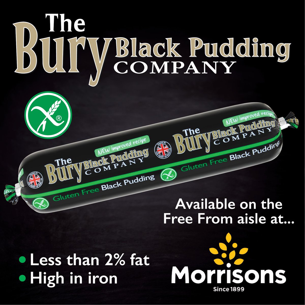 It's #CoeliacAwarenessWeek! 💚

Our gluten-free black pudding is available nationwide in <a href="/Morrisons/">Morrisons</a> - so you can enjoy all the flavour, with none of the gluten 🙌

🛒 Find it in store now.

#GlutenFree #BuryBlackPudding #MorrisonsFinds #GF
