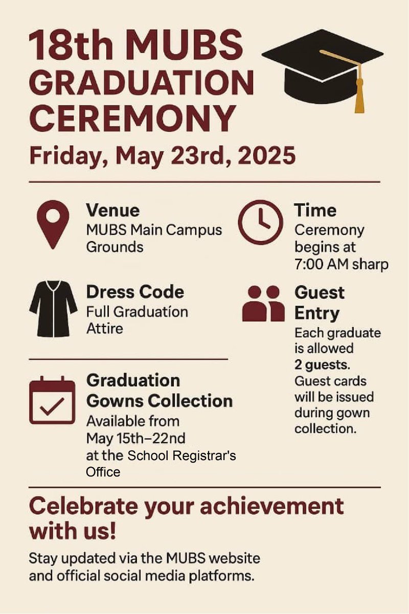 Makerere University Business School (@officialmubs) on Twitter photo Important information to note for the #Mubs18thGrad
<a href="/MUBSMbarara/">MUBS-Mbarara Campus</a>
<a href="/MUBSAruaCampus/">Makerere University Business School - Arua Campus</a>
<a href="/MubsJinja24/">Mubs Jinja Campus</a>
<a href="/MubsMbaleCampus/">MUBs Mbale Campus</a> Important information to note for the #Mubs18thGrad
<a href="/MUBSMbarara/">MUBS-Mbarara Campus</a>
<a href="/MUBSAruaCampus/">Makerere University Business School - Arua Campus</a>
<a href="/MubsJinja24/">Mubs Jinja Campus</a>
<a href="/MubsMbaleCampus/">MUBs Mbale Campus</a>