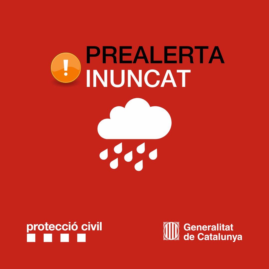 El <a href="/meteocat/">Meteocat</a> preveu que aquesta tarda es pot superar el llindar de risc per intensitat de pluja (+20l/30min) a les comarques de Girona, i al Litoral i Prelitoral de Barcelona i Tarragona.

Prudència! Posem en prealerta el pla #INUNCAT ⛈️