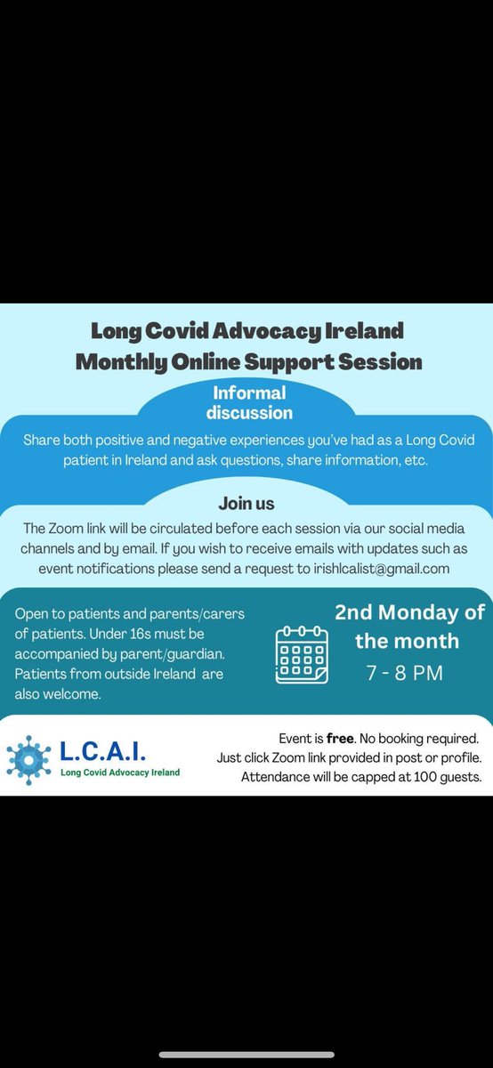 Long Covid Advocacy Ireland (@lcaireland) on Twitter photo Reminder- our next zoom support meeting for #LongCovid patients/parents is tonight May 12th at 7pm.
The zoom link is automatically sent to those on our mailing list or you can email to request it. Longcovidadvocacyireland@gmail.com
#LongCovidAwareness #Ireland #pwLC #pwME Reminder- our next zoom support meeting for #LongCovid patients/parents is tonight May 12th at 7pm.
The zoom link is automatically sent to those on our mailing list or you can email to request it. Longcovidadvocacyireland@gmail.com
#LongCovidAwareness #Ireland #pwLC #pwME