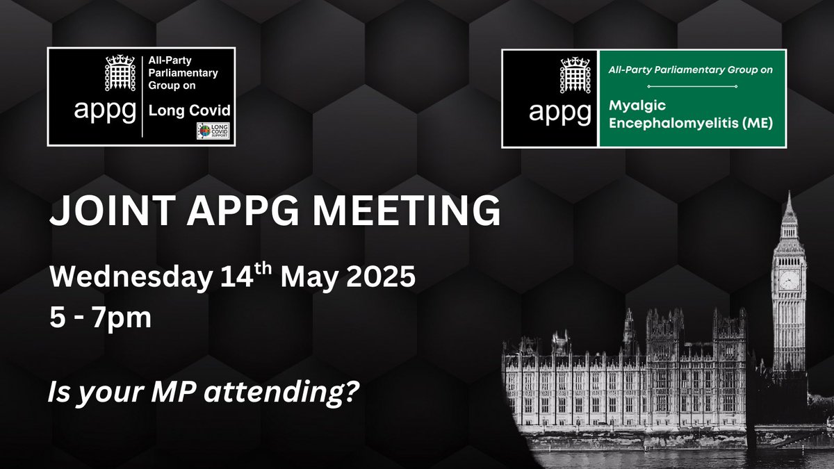 1/3. On 14 May 2025, there will be a joint meeting for Parliamentarians between the APPG on #LongCovid and the APPG on ME.

A main focus will be on research, with several guest speakers.

Ask your MP to attend!

More details below ⬇️ 

#WorldMEDay