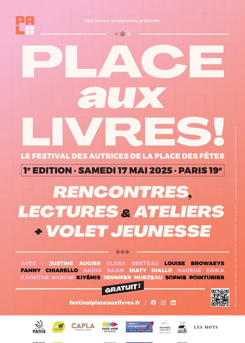monquartier19's tweet image. SAVE THE DATE 📢 :
Retrouvez la première édition du festival littéraire dédié à 11 autrices, organisé par l'association Des Beaux Lendemains : Place aux livres 📚
Rendez-vouz Samedi 17 mai de 10h30 à 21h30 🗓
Place des Fêtes et ses alentours 📍
Informations pratiques 👇