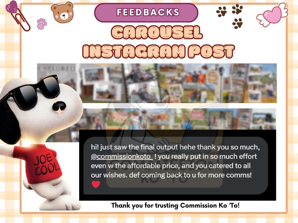 “You really put in a lot of effort even w the affordable price!”✨

Another client is satisfied with their “Instagram Carousel Post”! 
#FeedbackKoTo 
#commsX 

❀Tags: lf clients carousel post instagram design graphics photo editing template lfcommissioners commissions scrapbook