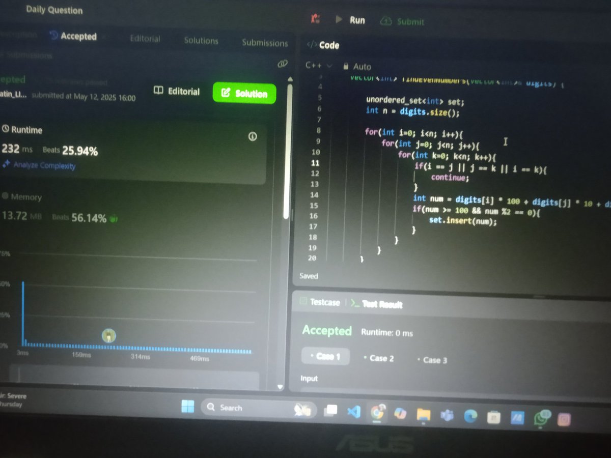 Jatin_lifo82's tweet image. ☀Day 132 👨💻 .
Solve @geeksforgeeks || @LeetCode POTD CPP⚡.
Question LC 2094. Finding 3- Digit Even Numbers. Easy✅
Question GFG. Meeting Rooms III. ✅.
#LeetCode #geekforgeeks #DSA #POTD
#coding #Challenge @LeetCode @geeksforgeeks