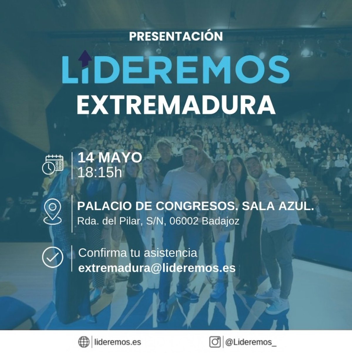 ¡No te pierdas la presentación de Lideremos Extremadura!😉

Una lanzadera de talento y liderazgo juvenil formada por más de 15k jóvenes.
 
📅 14 de mayo
🕒 18:15h
🌍 Palacio de Congresos de Badajoz

Asistencia 
👉🏾 extremadura@lideremos.es 
👉🏾 acortar.link/J244qz
 <a href="/lideremos_/">LIDEREMOS</a>