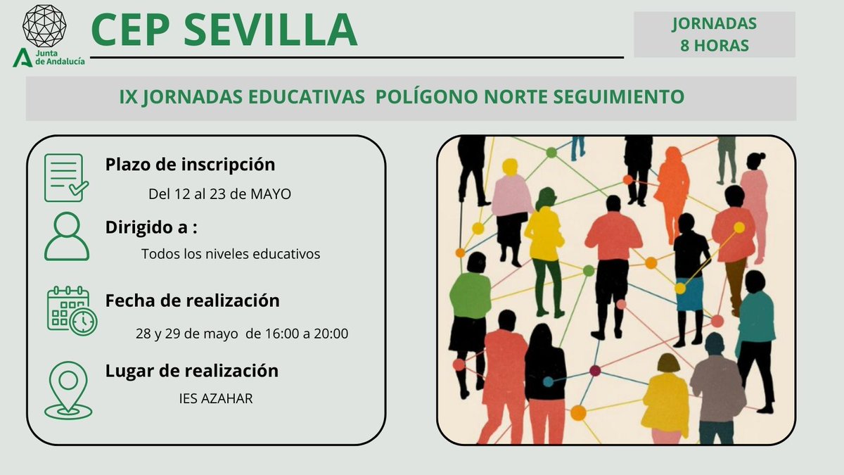 Abierto el plazo de inscripción en las IX JORNADAS EDUCATIVAS POLÍGONO NORTE. Información e inscripciones juntadeandalucia.es/educacion/secr… <a href="/CEPdeSevilla/">CEP de Sevilla</a> <a href="/beacepsevilla/">Beatriz Álvarez</a> <a href="/CEPdeSevilla797/">Antonio Estrada</a> <a href="/FormacProfAnd/">Servicio de Planes de Formación</a>