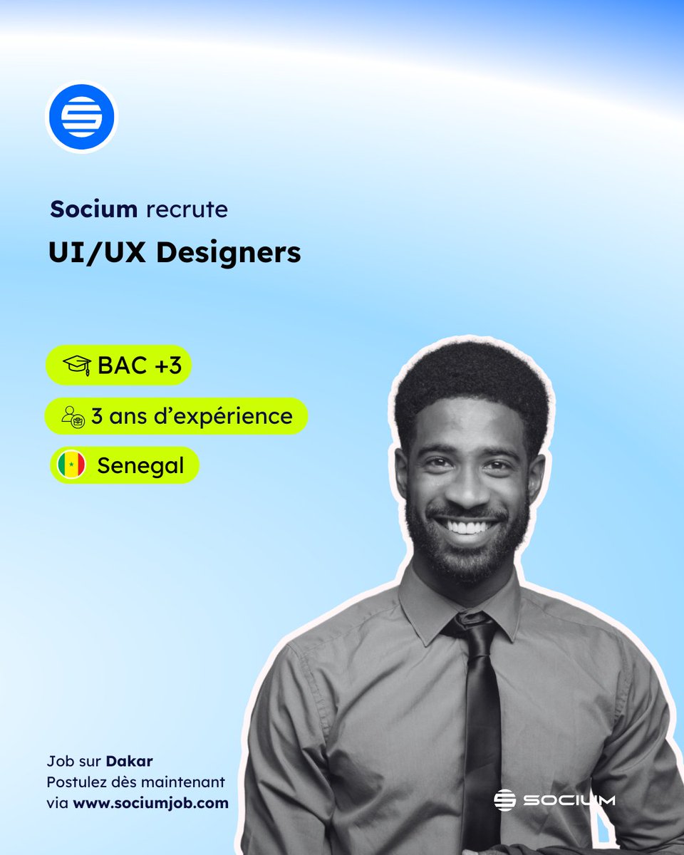 🚨 On recrute chez Socium !
Envie de rejoindre une équipe jeune, ambitieuse et pleine d’énergie ? Tu es au bon endroit 🤝

🔍 Postes à pourvoir  :
-Product Manager (Middle)
-UI/UX Designers
-Quality Analyst Testeur (QAT) – Stage Junior

👉 Postule ici   : sociumjob.com/entreprises/so…