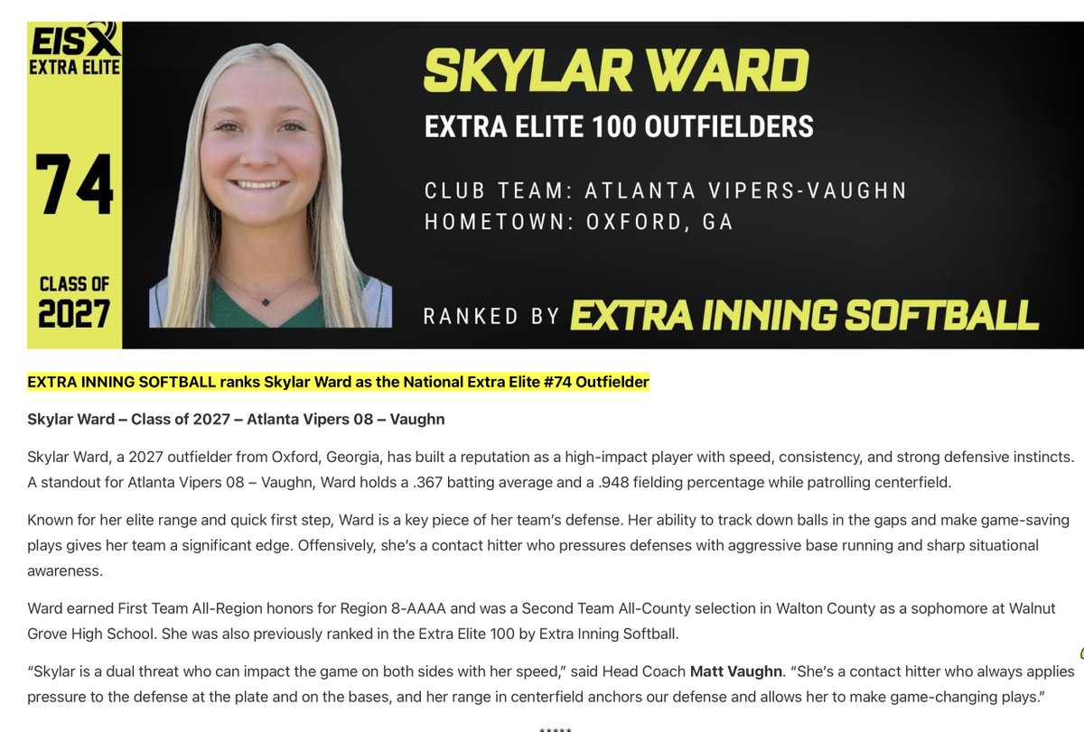 Atlanta Vipers 08 - Vaughn (@vipers08vaughn) on Twitter photo Congratulations to our speedy 2027 outfielders <a href="/Julia_Dillard10/">Julia Dillard 2027</a> and <a href="/SkylarBWard/">Skylar Ward</a> for being ranked in the top 75 nationally by <a href="/ExtraInningSB/">EXTRA INNING SOFTBALL</a> . A much deserved honor for these two young ladies! #bethestandard <a href="/thevipernation/">Atlanta Vipers Fastpitch</a> Congratulations to our speedy 2027 outfielders <a href="/Julia_Dillard10/">Julia Dillard 2027</a> and <a href="/SkylarBWard/">Skylar Ward</a> for being ranked in the top 75 nationally by <a href="/ExtraInningSB/">EXTRA INNING SOFTBALL</a> . A much deserved honor for these two young ladies! #bethestandard <a href="/thevipernation/">Atlanta Vipers Fastpitch</a>