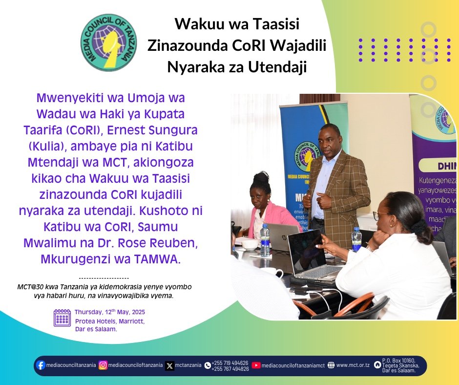 Dar es Salaam: 12 Mei 2025: Wakuu wa taasisi 16 zinazo unda umoja wa wadau wa Haki ya Kupata Taarifa (CoRI), wamekutana kujadili nyaraka za utendaji, zikiwemo; Mpango Mkakati, Mkakati wa Mawasiliano na Makubaliano ya Kiutendaji (MoU).