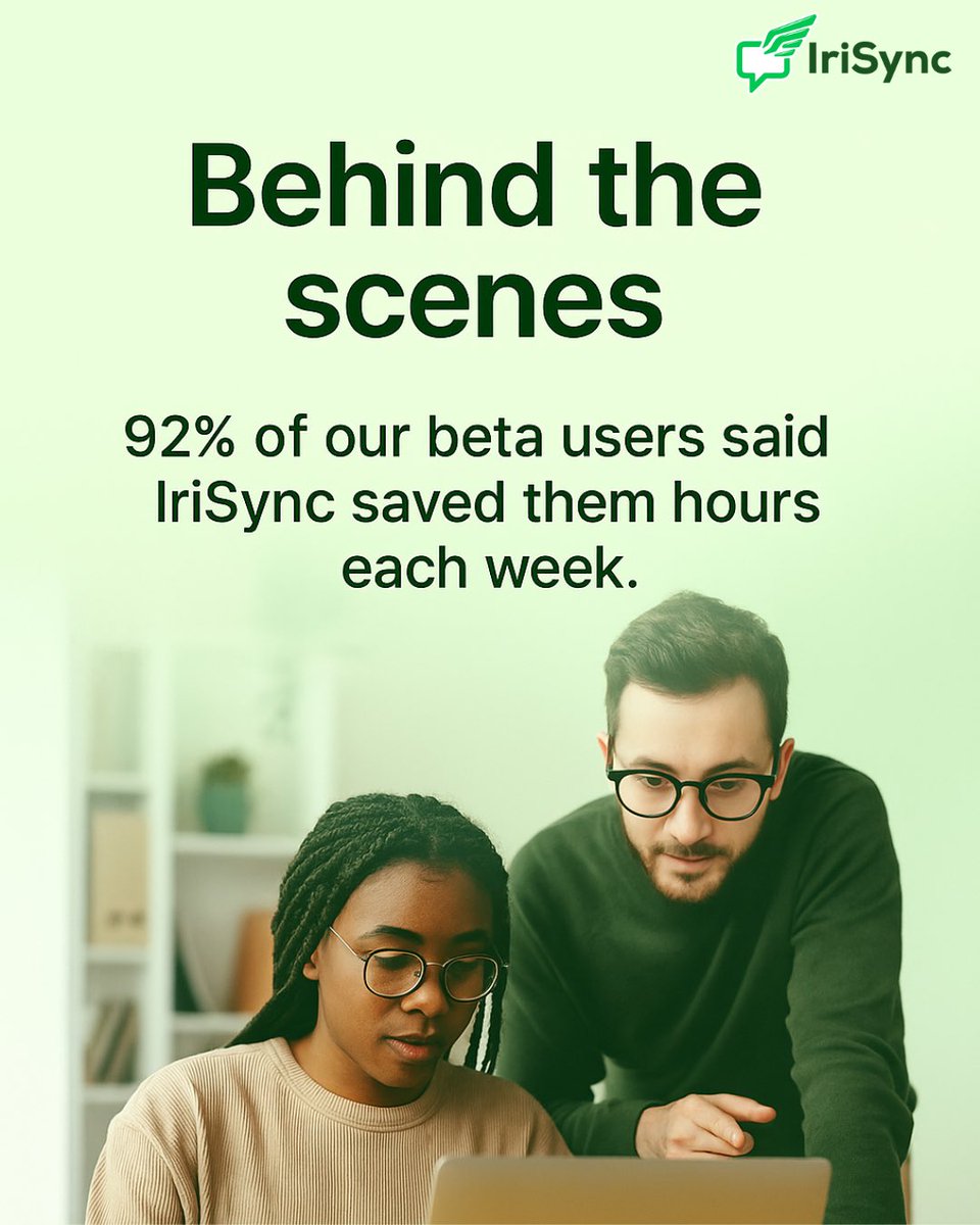 Behind the scenes, real impact.
✨ 92% of our beta users saved hours each week with IriSync.
Let’s work smarter—not harder.

🚀 Launching June 1 – Early Access
👇 Follow for updates &amp; early perks

#IriSync #SocialMediaTools #StartupLife #AItools #ProductivityBoost #Marketing