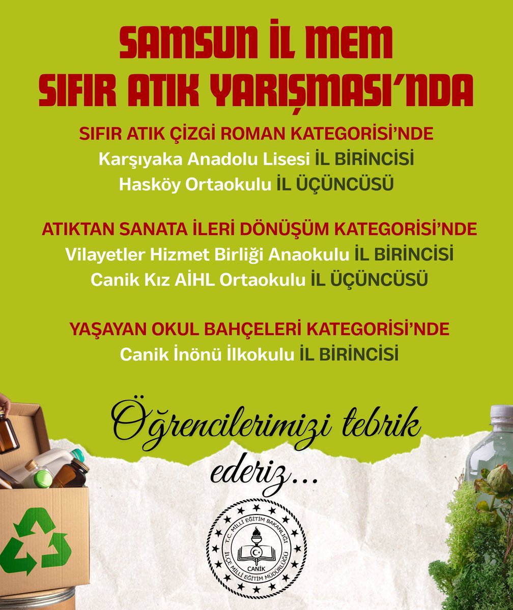 ✨ İl Milli Eğitim Müdürlüğümüzce düzenlenen "Sıfır Atık Yarışmalarında" derece elde eden okullarımızı, öğrencilerimizi ve emeği geçen öğretmenlerimizi tebrik ediyor, başarılı çalışmalarının devamını diliyoruz... 👏 <a href="/zahit5599/">Zahit Köseoğlu</a> <a href="/umutyasar60/">Ümityaşar</a>
#EğitiminParlayanYıldızıCanik