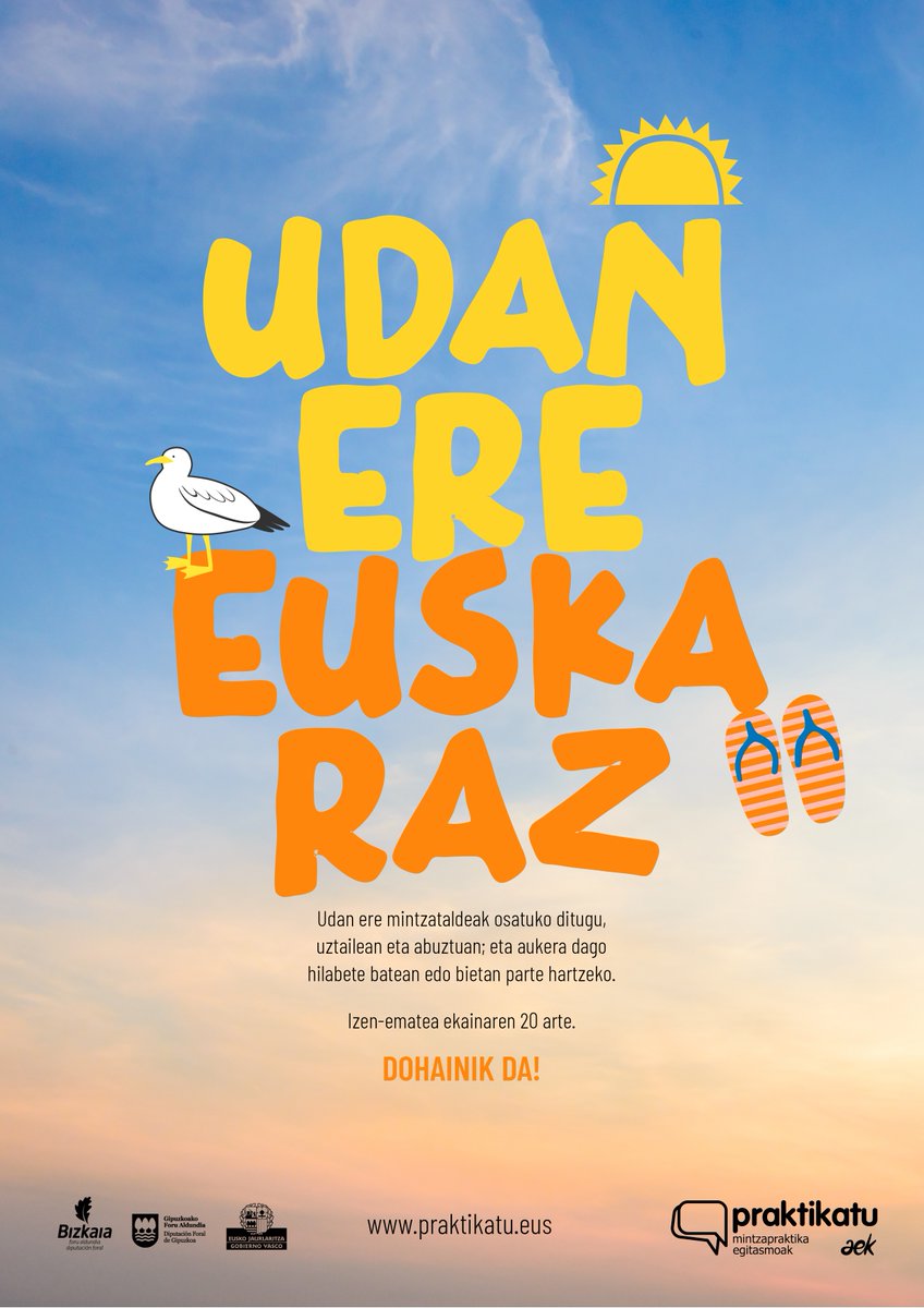 🩴⛱️Euskara praktikatu nahi?
👥Mintzataldeak udan ere zain edukiko dituzu! 
 ℹ️<a href="/praktikatu/">praktikatu AEK</a> 
#EuskaraZUzara
aek.eus/eu/uda#mintzap…