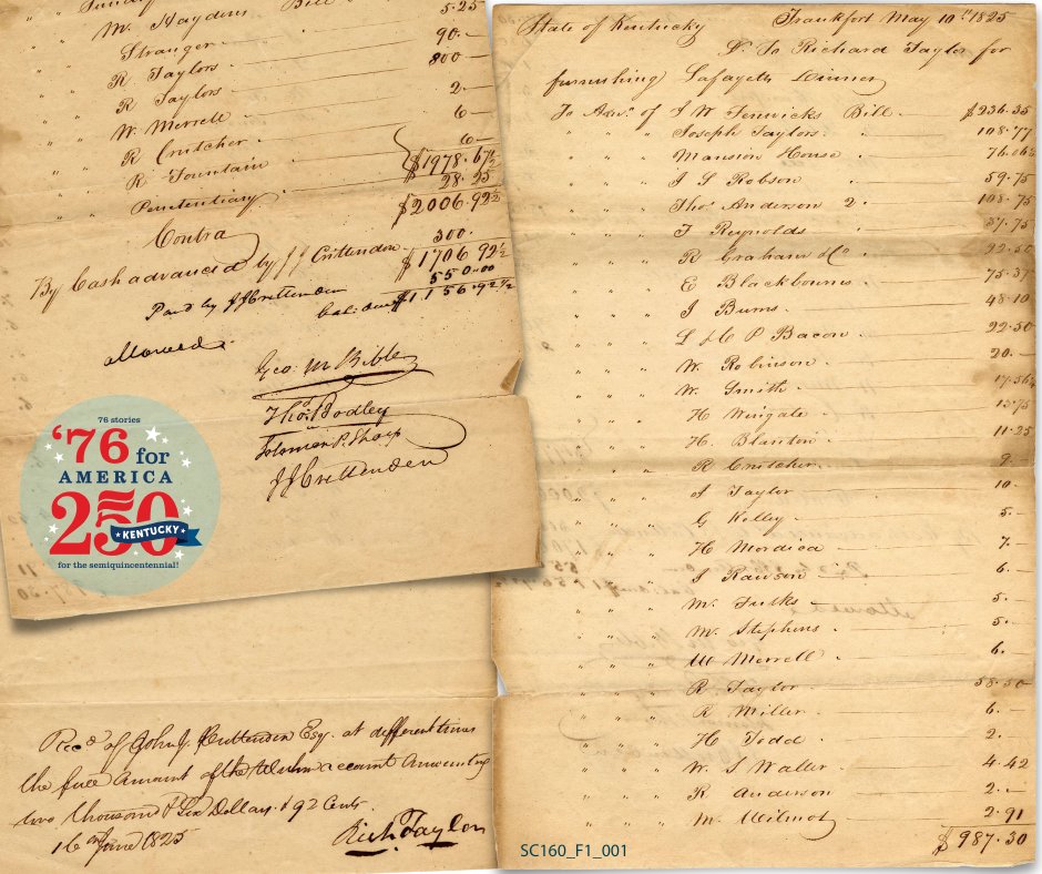 200 years ago, Marquis de Lafayette visited Frankfort among many stops on his “victory” tour of the U.S. after the Revolutionary War. Richard Taylor spared no expense celebrating the “hero of two worlds” at a dinner at the Old State Capital, spending over $2,000 ($65K today).