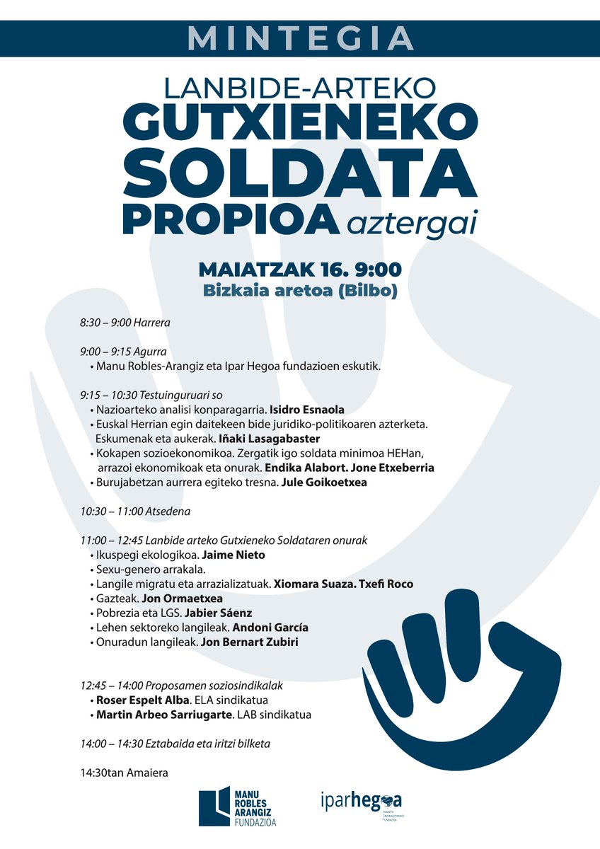 ✊𝗟𝗮𝗻𝗯𝗶𝗱𝗲-𝗮𝗿𝘁𝗲𝗸𝗼 𝗚𝘂𝘁𝘅𝗶𝗲𝗻𝗲𝗸𝗼 𝗦𝗼𝗹𝗱𝗮𝘁𝗮 𝗽𝗿𝗼𝗽𝗶𝗼𝗮 𝗮𝘇𝘁𝗲𝗿𝗴𝗮𝗶    

🧭Ipar Hegoa eta Manu Robles-Arangiz fundazioek mintegi bat antolatu dute, soldata propioa jorratuko duena hainbat ikuspegitatik

🔗labur.eus/znh8dgzt

#LGSpropioa