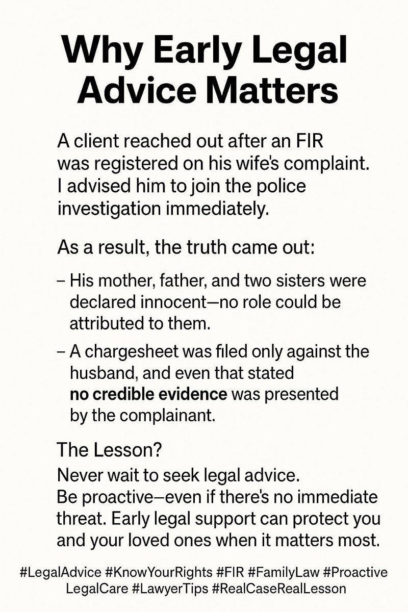 ankur51295's tweet photo. Why early legal advice matters.
Real case. Real outcome.
Client acted early, protected his family, and exposed the truth.

Lesson: Don’t wait for trouble to escalate—be proactive.

#LegalAdvice #FIR #KnowYourRights #LawyerTips #FamilyLaw #CriminalLaw #Justice https://t.co/5BKgs14I50