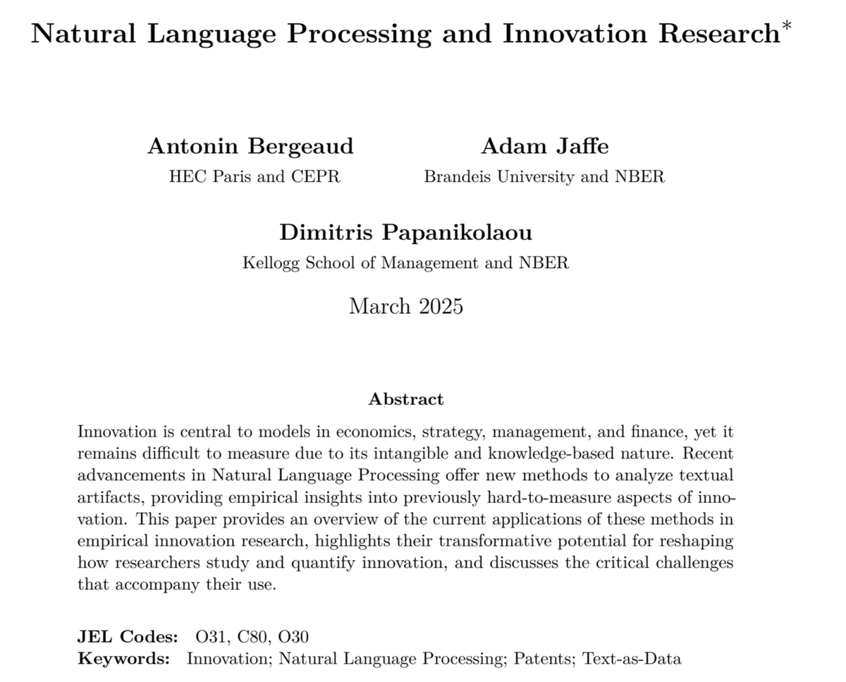 Antonin Bergeaud (@a_bergeaud) on Twitter photo Happy to share this survey paper with Adam Jaffe and <a href="/DimitrisPapan20/">Dimitris Papanikolaou</a>: Natural Language Processing and Innovation Research. Hope that this could be useful if you want to have a better view of what can be done using text artefacts to track innovation
Link: dropbox.com/scl/fi/1cfikn3… Happy to share this survey paper with Adam Jaffe and <a href="/DimitrisPapan20/">Dimitris Papanikolaou</a>: Natural Language Processing and Innovation Research. Hope that this could be useful if you want to have a better view of what can be done using text artefacts to track innovation
Link: dropbox.com/scl/fi/1cfikn3…