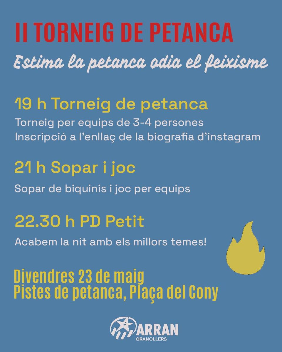 Torna a ser aquí el torneig de petanca!🔥

Ens veiem el divendres 23 de maig per fer el segon torneig de petanca acompanyat d'un sopar i acabant amb els millors temes de PD Petit! 

Us podeu inscriure en grups de 3-4 persones al link de la biografia!

No hi podeu faltar!✊🏽