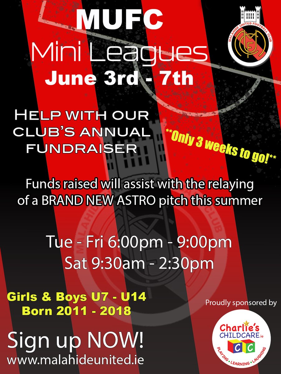 ️⚽️ Mini Leagues '25 ⚽️

❗️❗️ Only 3 weeks away ❗️❗️

Our annual fundraising event will go towards the renovation works on our old all weather pitch

📍Gannon Park
🗓️ June 3rd-7th

Open to boys &amp; girls u7-14 (2018-2011)

Don't miss out
Sign up now - malahideunited.ie/mini-leagues/
