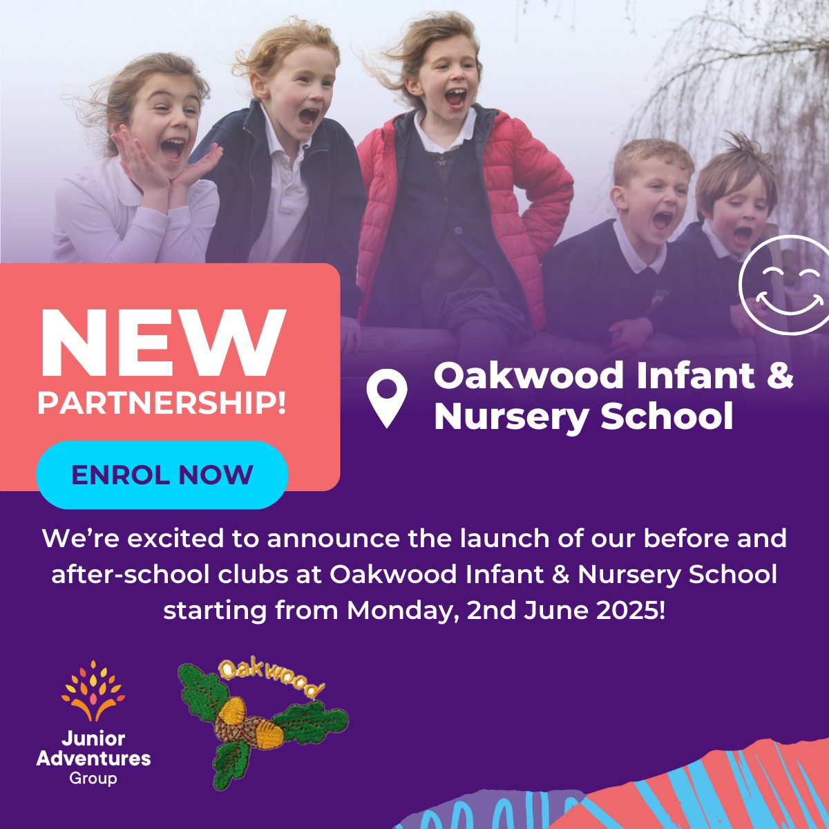 We're excited to be delivering our Rise then Shine &amp; Stay and Play clubs at <a href="/oakwood_infant/">Oakwood Infant and Nursery School</a> every day throughout the academic year starting from Monday, 2nd June!

Find out more and enrol today at junioradventuresgroup.co.uk/find-us/oakwoo…

Claim a free session using code TRYOAKWOODINF