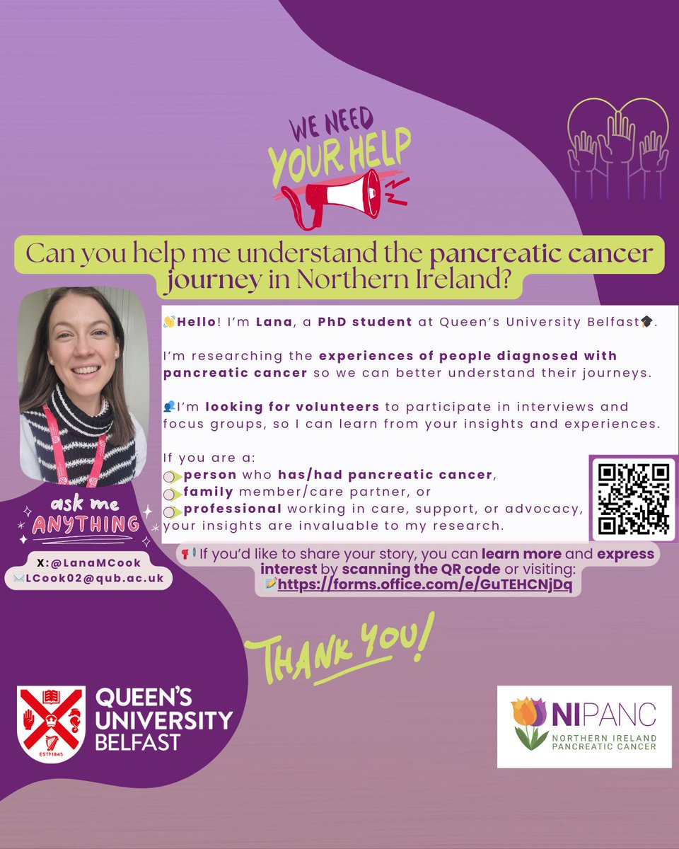 Living with #PancreaticCancer in #NorthernIreland? Share your journey in a PhD study led by <a href="/LanaMCook/">Lana</a> at QUB. 

Help improve care &amp; support. Contact NIPANC for details

📝 Find more info &amp; express interest here 👉 forms.office.com/e/GuTEHCNjDq
#TimeMatters #PancreaticCancerResearch