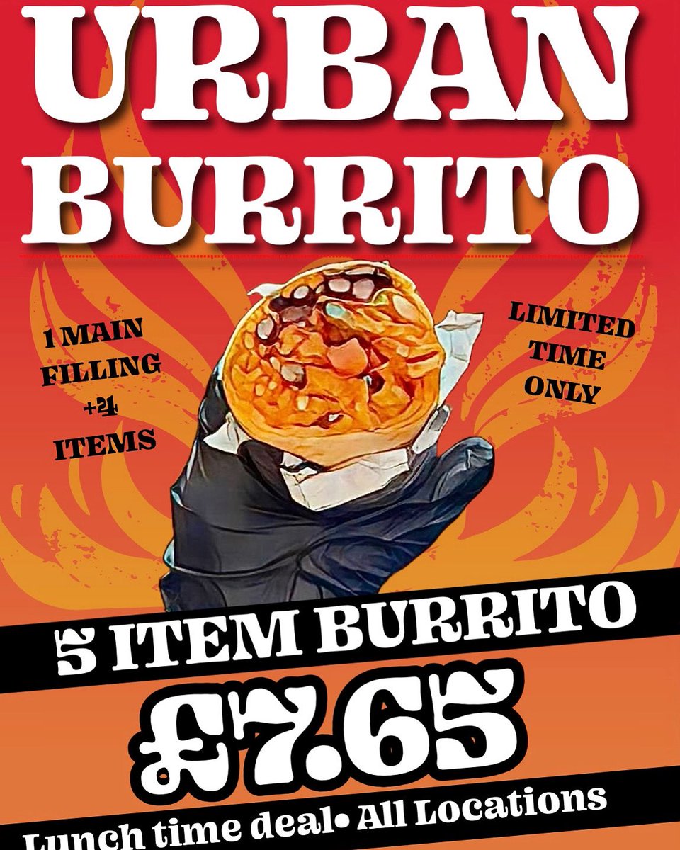 Due to popular demand we have now dropped Urban Burrito at our Arundel St location!🤩

£7.65! Our best offer yet🤯
You know where to come on your lunch break🌯