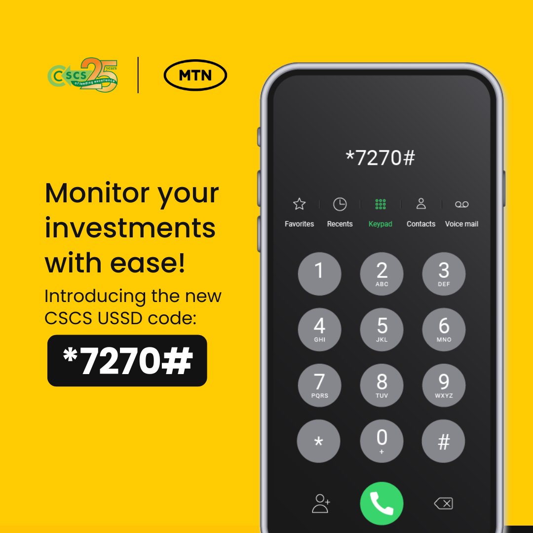 CSCSNigeria's tweet image. Stay connected, even offline! 

Dial *7270# to access your CSCS account details anytime, no internet needed!

 #CSCSUSSDCode #USSDCode #CSCS #SimpleAndSecure #CSCSMTN