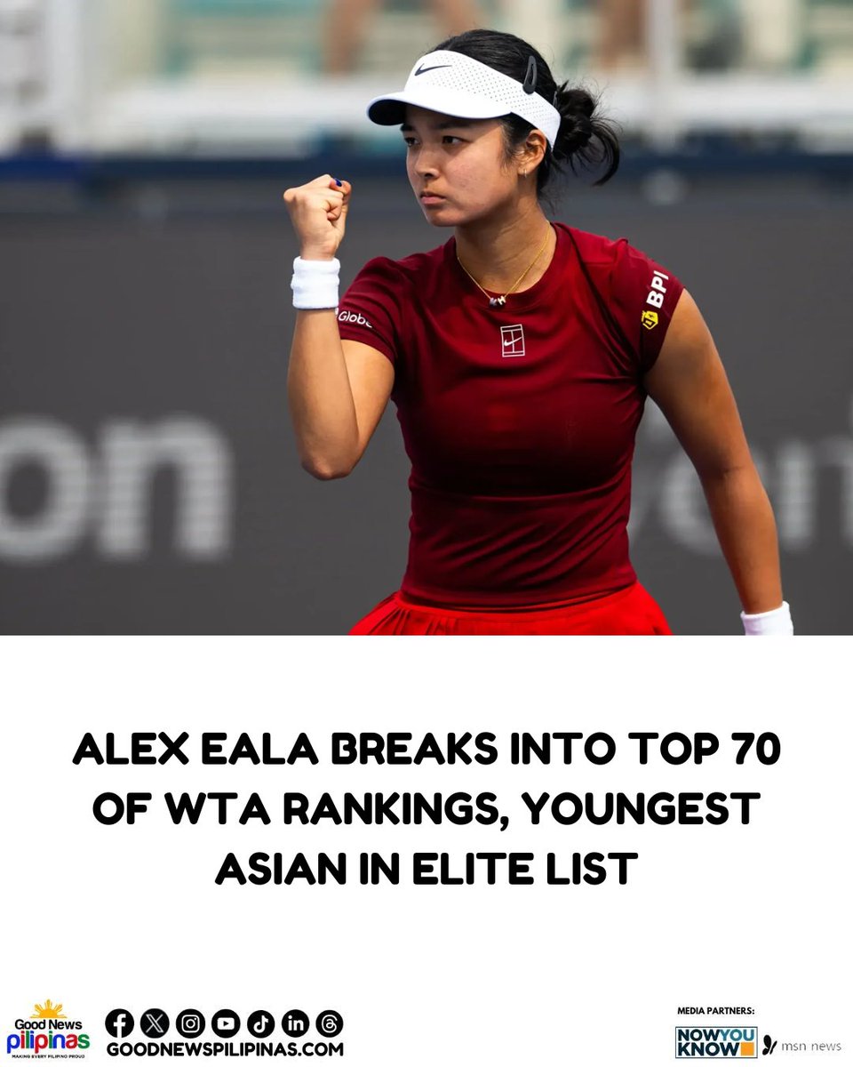 GoodNewsPinas_'s tweet image. Filipina tennis sensation Alex Eala has achieved a new milestone in her professional career by climbing to World No. 70 in the latest WTA rankings.
Full story: goodnewspilipinas.com/alex-eala-brea…