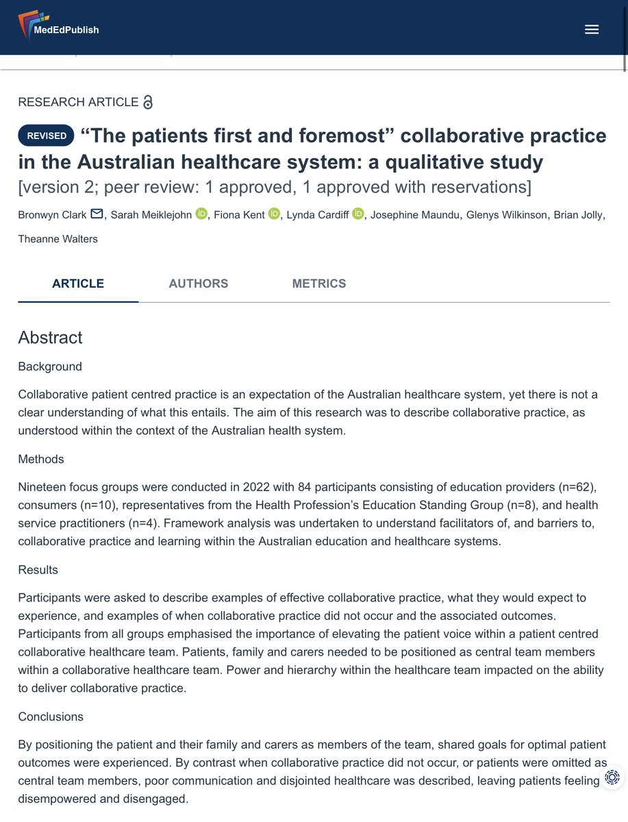 This study explores the impact of collaboration among healthcare professionals and patients and their families and examines the true meaning of collaborative patient centred practice in the Australian healthcare system.

👉 ow.ly/35ai50VQTJv  

#MedEdPublish #Collaborative