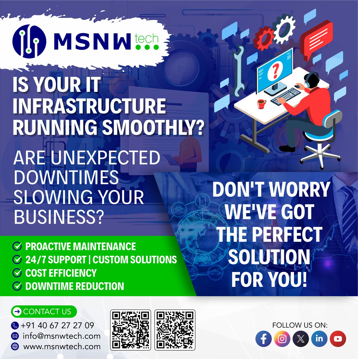 msnwtechpvtltd's tweet image. 💼 Is your IT infrastructure running smoothly? Or are unexpected downtimes slowing your business? Don't worry –we've got the perfect solution for you!
📲 +91 88869 13131 | +91 83415 59649
📧 info@msnwtech.com
#ITInfrastructure #AMCSolutions #BusinessGrowth #MSNWTech