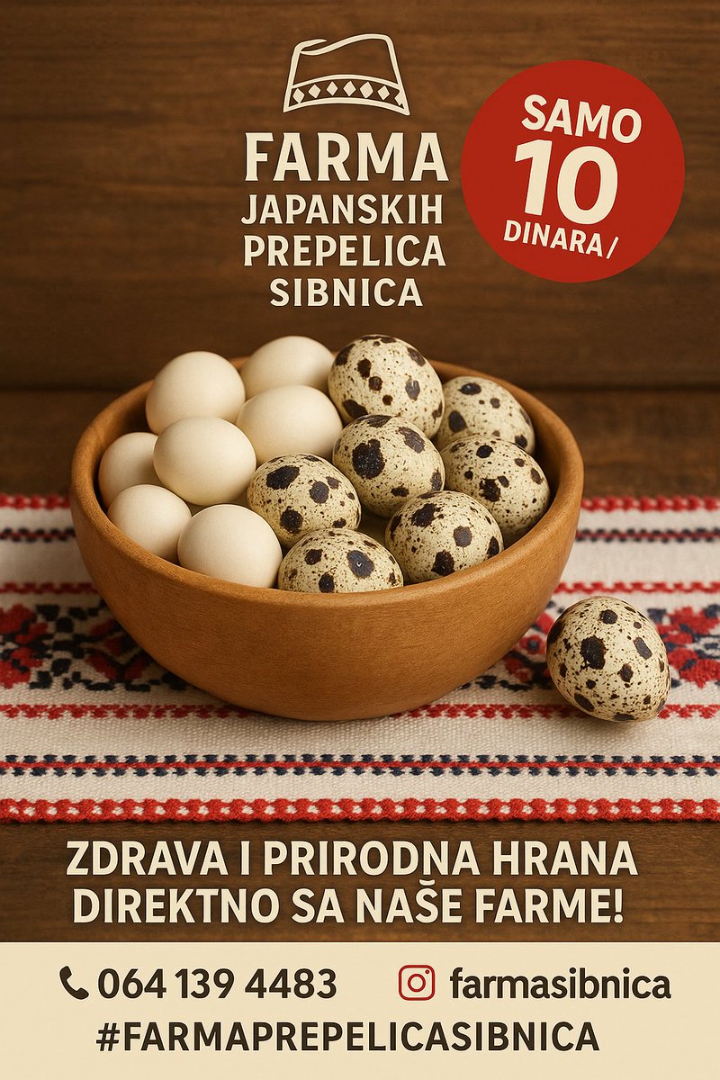 EkoFarmaSibnica's tweet photo. Sveža prepeličija jaja na Vašem kućnom pragu, po ceni od samo 10 dinara po komadu!

Vršimo besplatnu dostavu za kupce iz Beograda

#farmaprepelicasibnica
#jajaprepelica #zdravlje #imunitet #krvnaslika https://t.co/BVtccChY1d