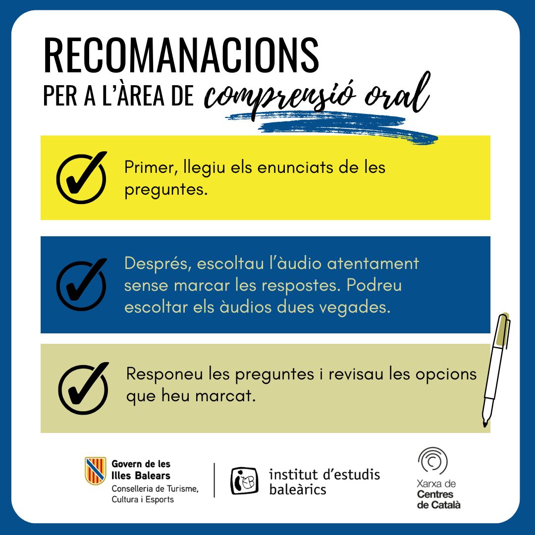 ✅ Recomanacions a l'hora de fer l'àrea de comprensió oral!
<a href="/IEBalearics/">Institut d'Estudis Baleàrics</a> <a href="/baulesdellengua/">Baules de Llengua</a>