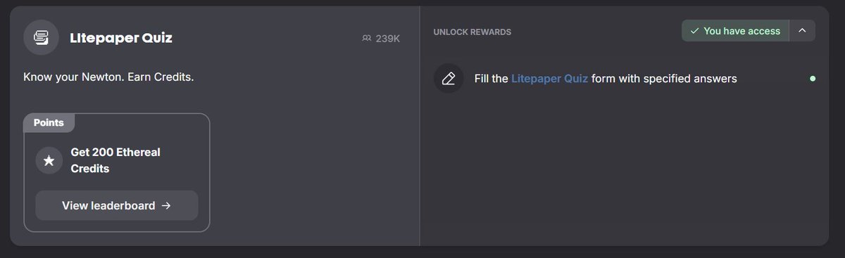 I have 1594 credits on <a href="/MagicNewton/">Newton</a> 

I have done whole social media tasks and finally done Guild.

Go to Guild page: guild.xyz/magic-newton

Sign wallet, connect X and Discord. Claim roles and fill the Litepaper Quiz form. 

Quiz Answers: B, D, D, C, A -->> Get 240 credits