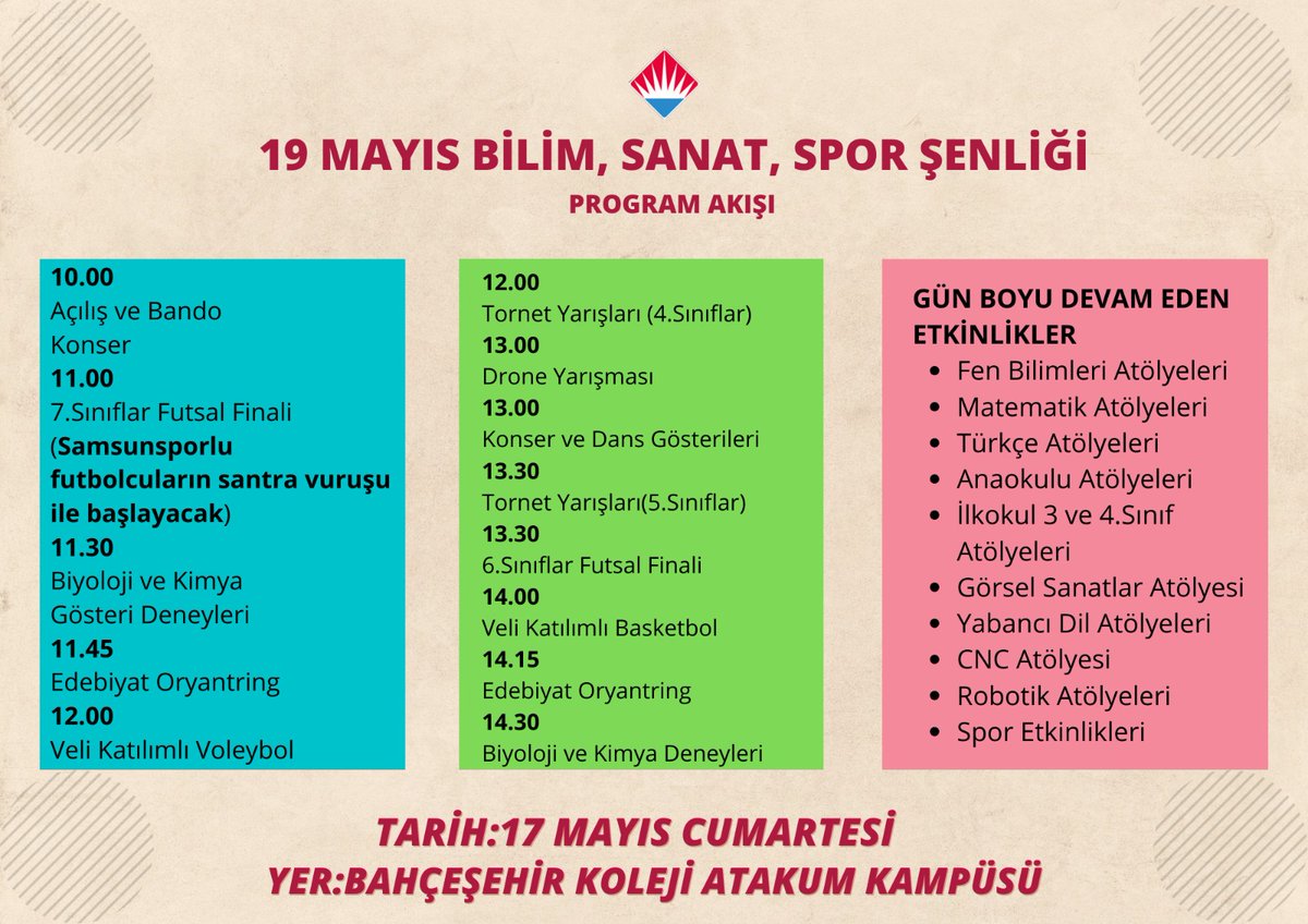 19 Mayıs Atatürk'ü Anma Gençlik ve Spor Bayramı’nda Bilim, Sanat ve Spor Şenliğimize davetlisiniz.Gelin bu coşkulu günü hep birlikte kutlayalım! 🤩

📍Bahçeşehir Koleji Atakum Kampüsü
🗓️ 17.05.2025
🕛 10.00