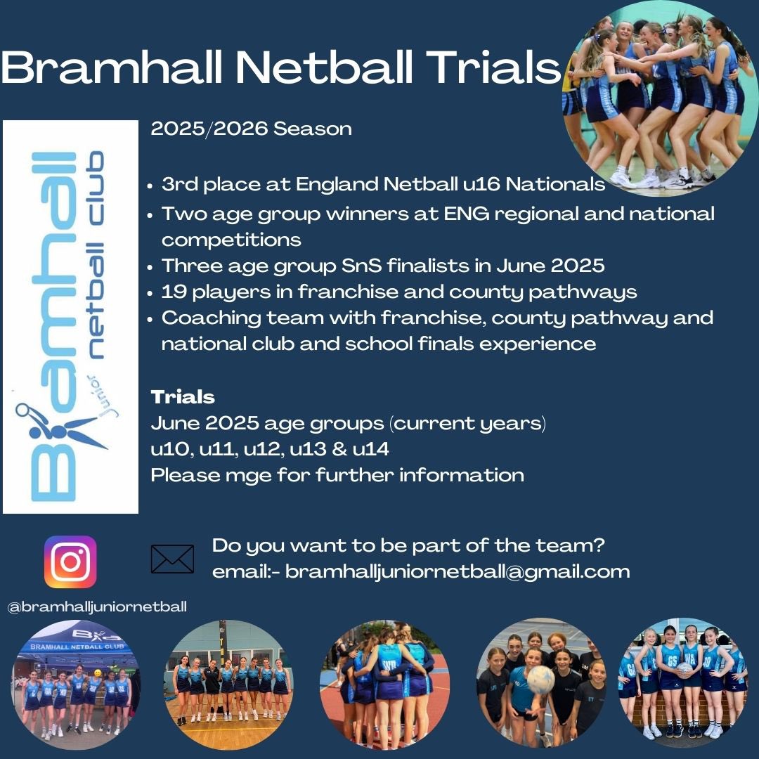 Bramhall Junior Netball Club (@bramhalljuniors) on Twitter photo Building on the back of our successful 3rd place at <a href="/EnglandNetball/">England Netball</a> u16 Nationals last week <a href="/BramhallJuniors/">Bramhall Junior Netball Club</a> are trialing in June for new players for the 25-26 season. Come and join one of the upcoming clubs in <a href="/NW_Netball/">North West Netball</a> ๐ฉต๐ Building on the back of our successful 3rd place at <a href="/EnglandNetball/">England Netball</a> u16 Nationals last week <a href="/BramhallJuniors/">Bramhall Junior Netball Club</a> are trialing in June for new players for the 25-26 season. Come and join one of the upcoming clubs in <a href="/NW_Netball/">North West Netball</a> ๐ฉต๐