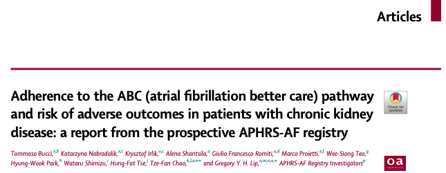 Adherence to the ABC (atrial brillation better care) pathway and risk of adverse outcomes in patients with chronic kidney disease: a report from the prospective APHRS-AF registry #Afib <a href="/affirmo_eu/">AFFIRMO Project</a> <a href="/ARISTOTELES_HE/">ARISTOTELES EU Project</a> <a href="/TARGET_horizon/">TARGET</a>  sciencedirect.com/science/articl…