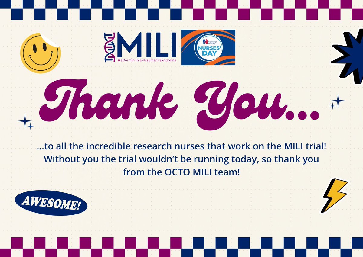 To all the research nurses working on the MILI trial! 

<a href="/OUHospitals/">OUH</a>, <a href="/GSTTnhs/">Guy's and St Thomas'</a>, <a href="/CUH_NHS/">Cambridge University Hospitals NHS</a>, @nottmhospital, <a href="/NHSGrampian/">NHS Grampian</a>, <a href="/UHSFT/">University Hospital Southampton 💙</a>, <a href="/Leic_hospital/">Leicester's Hospitals</a> 

#InternationalNursesDay
#LFS
#TP53