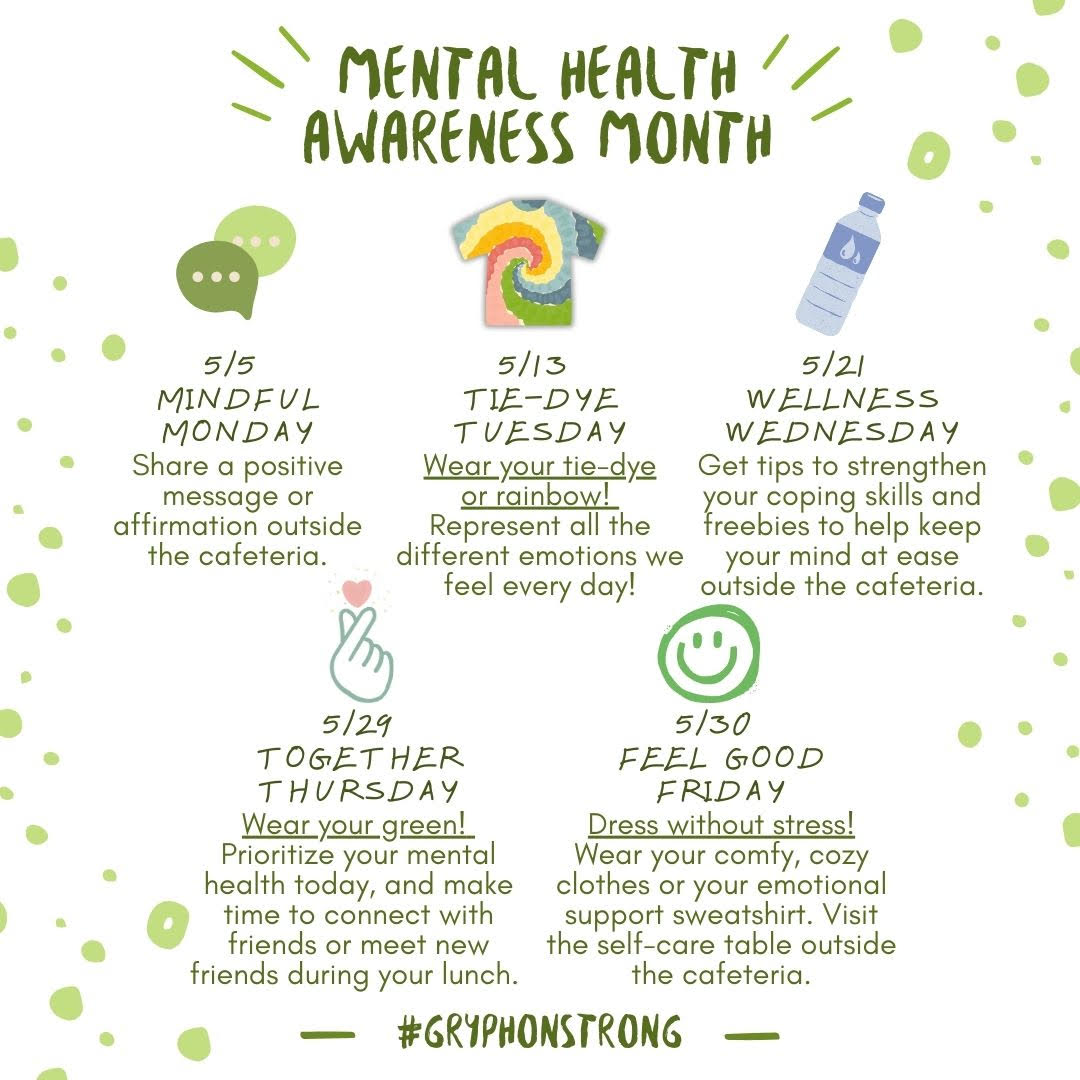 GrLowellTech_HS's tweet image. 🧠 Mental Health Awareness Month at GLTHS! 💚
Join us for Mindful Monday, Tie-Dye Tuesday, Wellness Wednesday, Together Thursday & Feel Good Friday!
Wear tie-dye on 5/13, green on 5/29, & comfy clothes on 5/30!
Taking care of YOU is #GryphonStrong 💪
#GLTHS #CTE #GLTECH