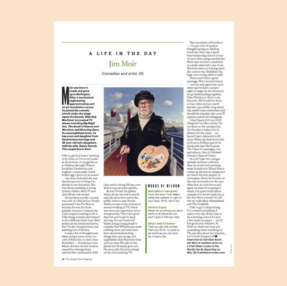 The Academy (@theacademy_pr) on Twitter photo Belter of a feature in The Sunday Times for Fred. Olsen Cruise Lines and our Moments Crew, which sees Jim Moir, Jenny Eclair and Scarlet Page setting sail to capture guests' magical moments in the medium of paintings, short stories and photographs 🚢 Belter of a feature in The Sunday Times for Fred. Olsen Cruise Lines and our Moments Crew, which sees Jim Moir, Jenny Eclair and Scarlet Page setting sail to capture guests' magical moments in the medium of paintings, short stories and photographs 🚢